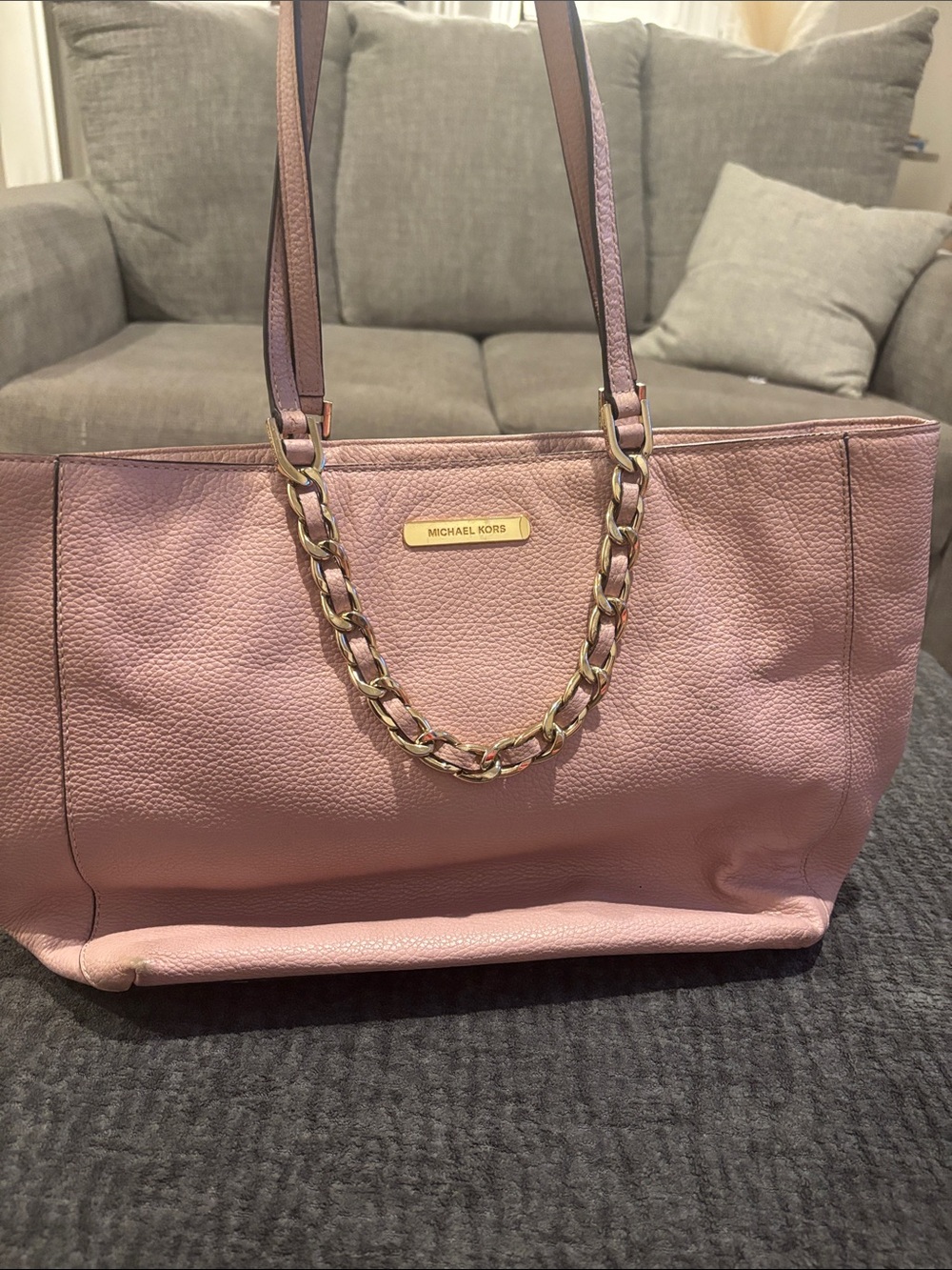 Michael Kors Rose Pink Pebbled Leather Chain-Accent Tote